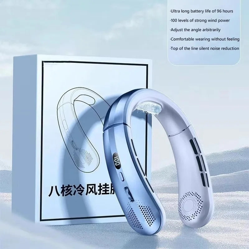 8000mAh Electric Hanging Neck Fan Portable Bladeless Mini Rechargeable Mute LED Digital Display Air Cooler For Outdoor