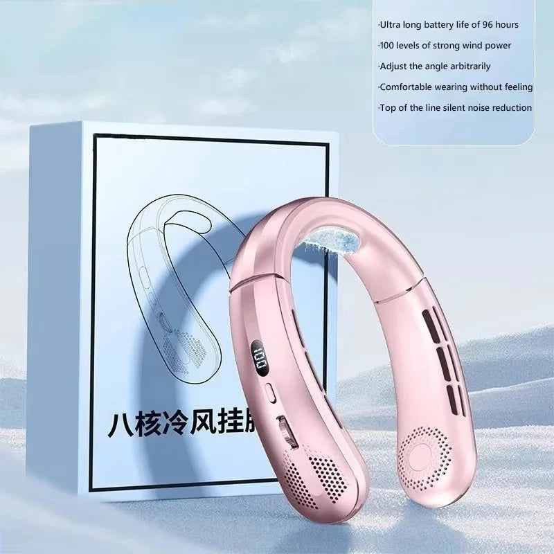 8000mAh Electric Hanging Neck Fan Portable Bladeless Mini Rechargeable Mute LED Digital Display Air Cooler For Outdoor